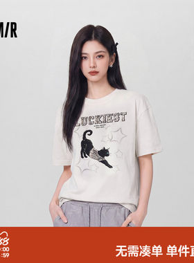 森马印花豹纹猫咪宽松短袖T恤女