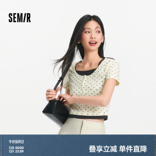 新款 森馬短袖 T恤女短款 蝴蝶結(jié)甜美2025夏季 假兩件緊身衣服小個(gè)子