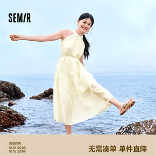 森马观园吉连衣裙女新中式 收腰宽松挂脖长裙气质吊带裙 夏2024新款
