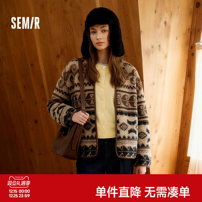 森马外套女冬季仿羊羔毛摇粒绒上衣宽松图案2025新款时尚复古夹克