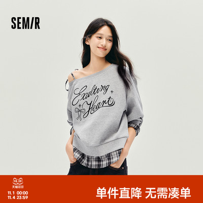 森马刺绣蝴蝶结假两件斜肩卫衣女