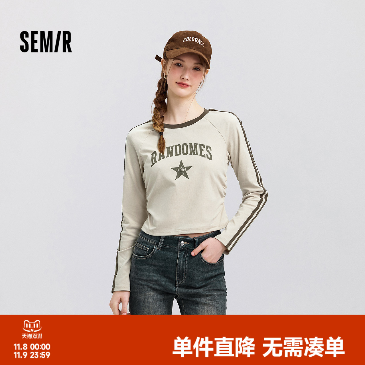 森马图案插肩袖短款长袖T恤女