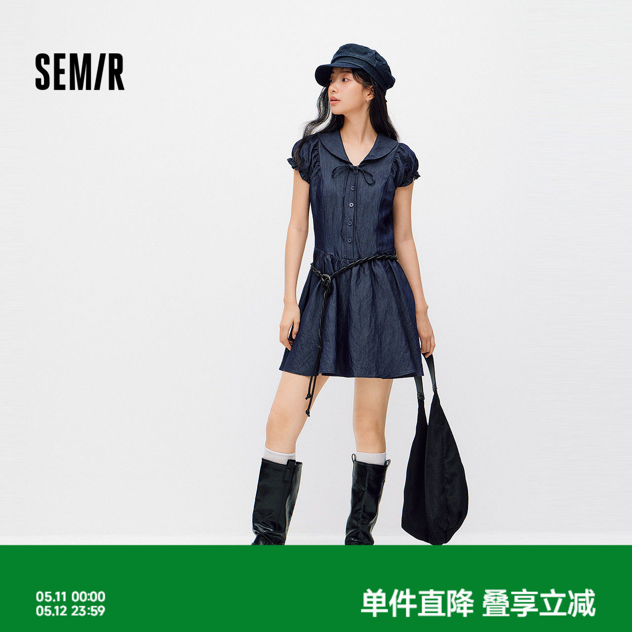 森马连衣裙女夏海军领蝴蝶结花边收腰2026新款显瘦甜美盐甜系短裙