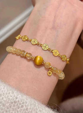 新中式天然虎眼石人造金发晶手串女招财铜钱手链高级感小众设计