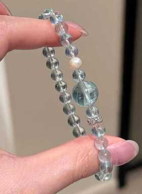 新款清透水晶手链女人造海蓝宝绿纹石绿萤石手串小众时尚款高级感