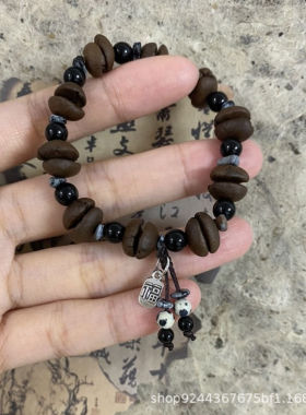 咖啡豆爆款手串中国风原创简约百搭天然石冷门小福牌吊坠情侣款