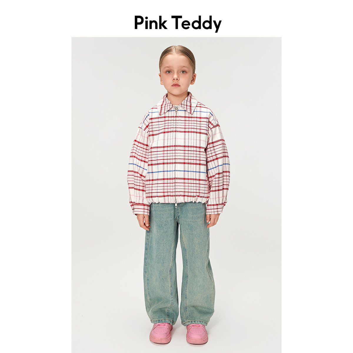 PinkTeddy童装女童飞行员夹克24春秋新款儿童翻领格子纯棉外套