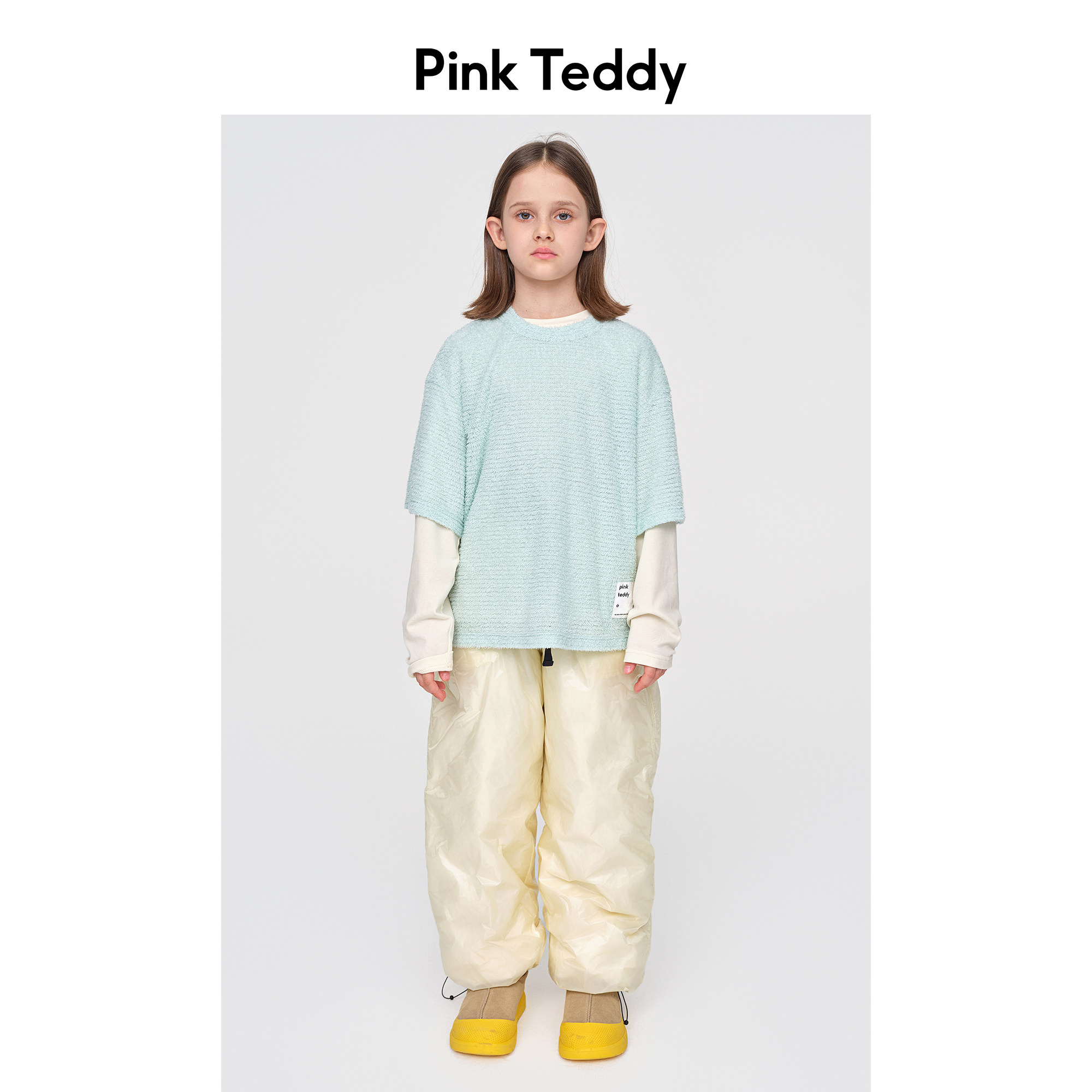 PinkTeddy童装儿童短袖P绒T恤秋冬季女童绿色内搭圆领打底衫