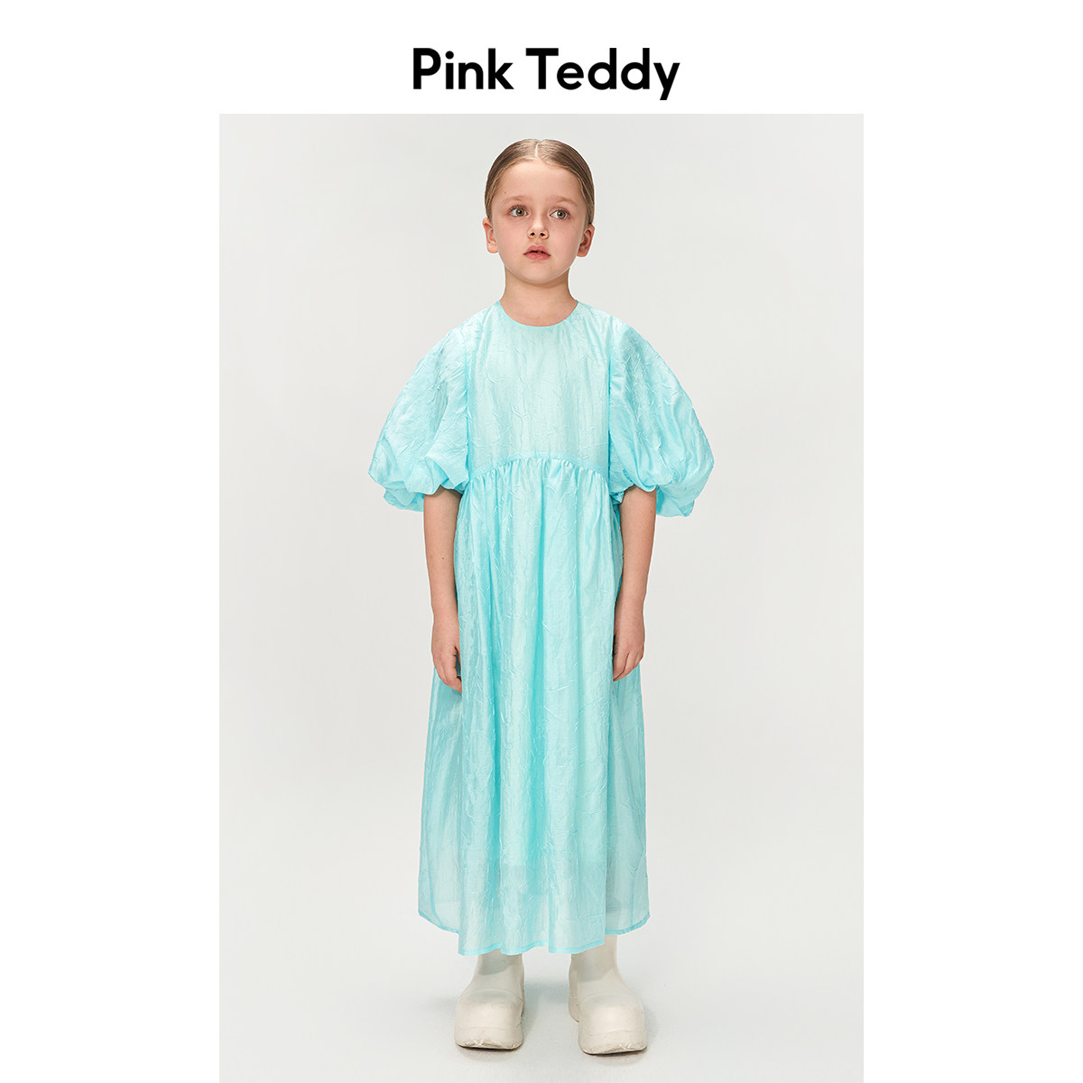 PinkTeddy童装女童短袖连衣裙夏季儿童蓝色褶皱蓬蓬袖简约长裙
