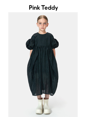 PinkTeddy童装女童泡泡袖连衣裙夏装儿童黑色茧型裙收腰蓬蓬长裙