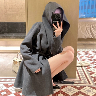质感灰修身 12.13Winema晓雪 巫师帽羊毛大衣 型系带大衣 a1aia