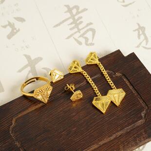 爆款越南沙金套装钻石型戒指耳饰高级感轻奢铜合金仿真首饰品