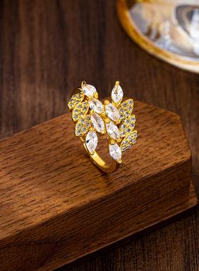 越南沙金橄榄枝树叶开口戒仿黄金镶钻麦穗戒指ins风时尚小众百搭