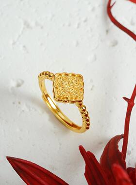 古法沙金方形拉丝开口戒指