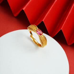 新中式古法沙金指环宫廷风镶钻蝴蝶结戒指女复古久不掉色饰品货源