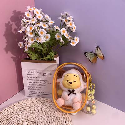 名创优品小熊维尼系列顽皮派对跳跳虎透明娃包搪胶毛绒娃娃收纳包