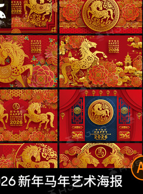 红色喜庆2026马年新年春节剪纸风插画海报图案舞台背景AI矢量素材