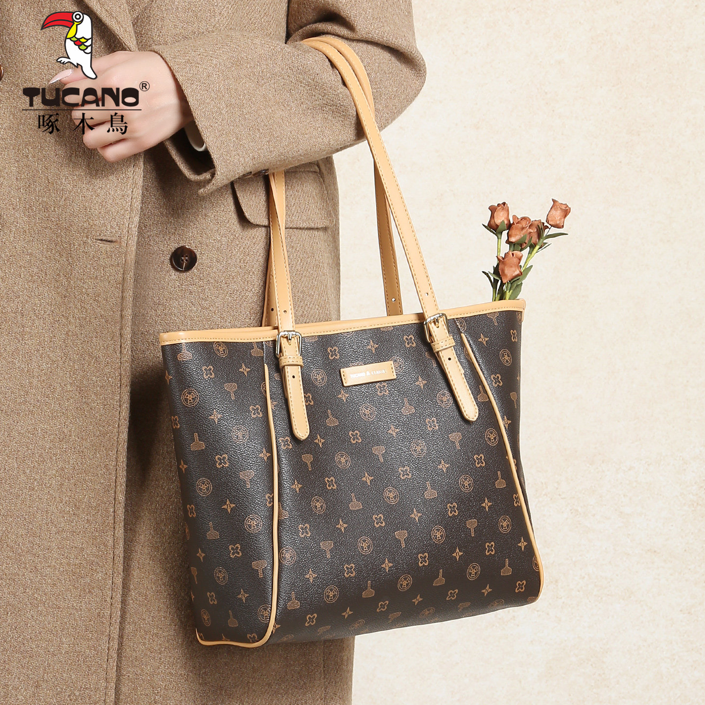 啄木鸟女士包包2025新款时尚百搭手提包老花复古大容量托特包通勤