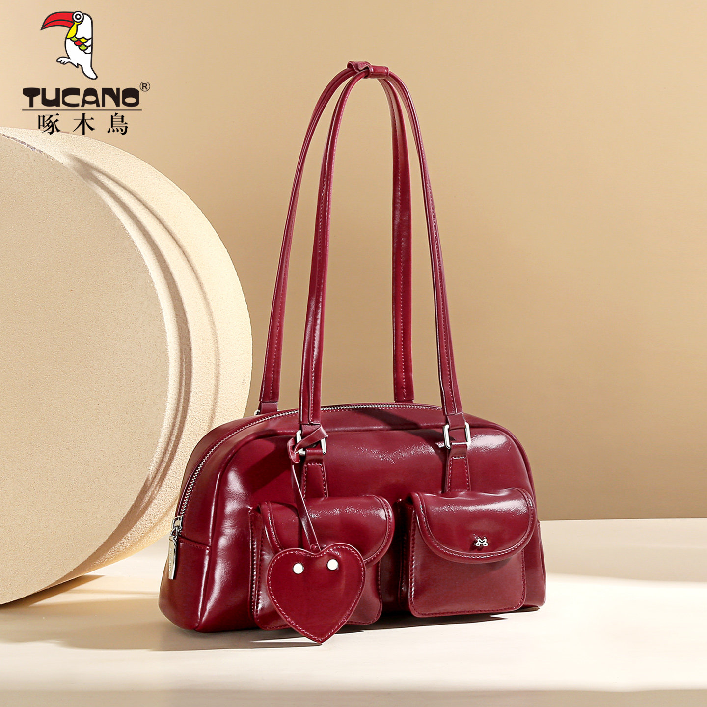 啄木鸟包包女2025新款高级感腋下包油蜡皮酒红色手提包单肩大容量