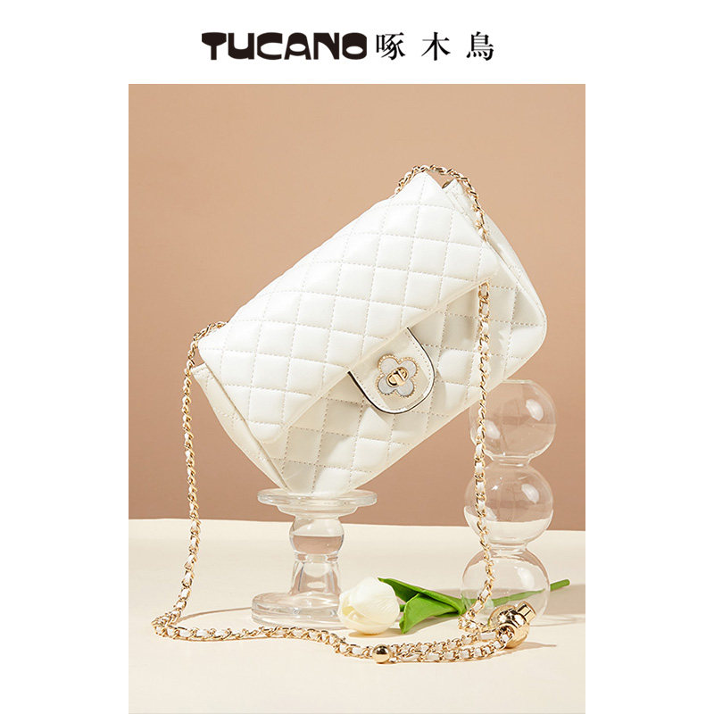 啄木鸟真皮包包女2023新款高级感小众单肩包小香风菱格链条斜挎包