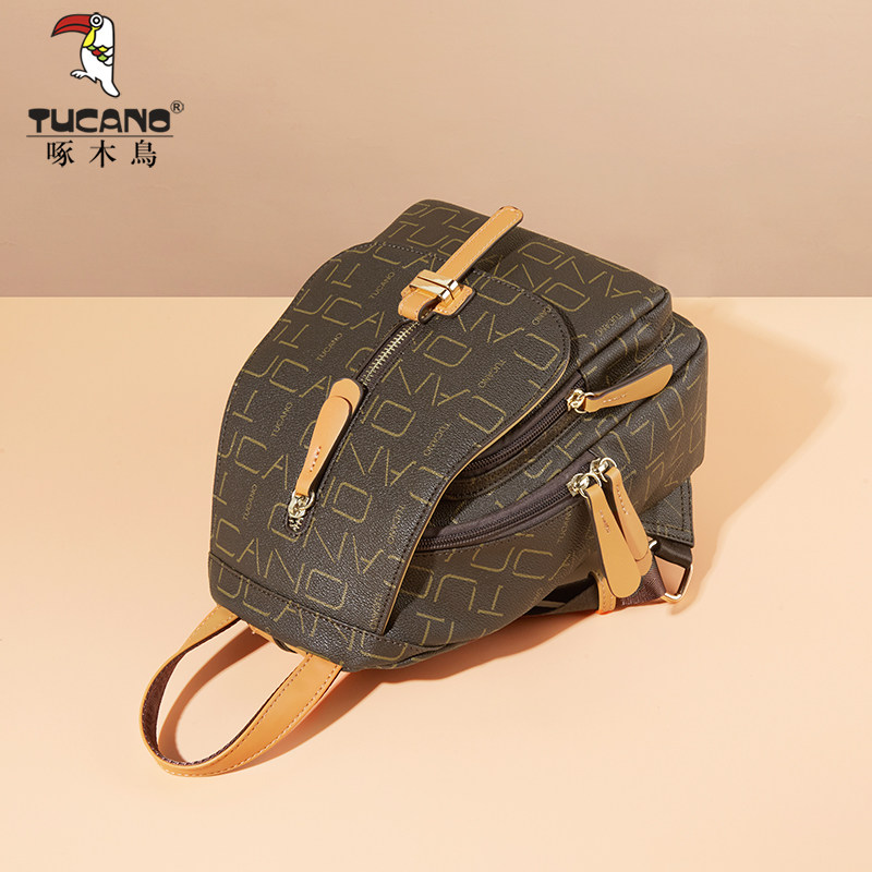 啄木鸟双肩包女2025新款书包百搭时尚潮流大容量高级感印花后背包