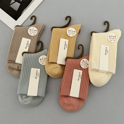 袜子女秋冬季纯色双针中筒袜