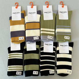 双针羊绒女秋冬加厚复古堆堆袜舒适保暖袜羊绒拼色中筒袜百搭潮款