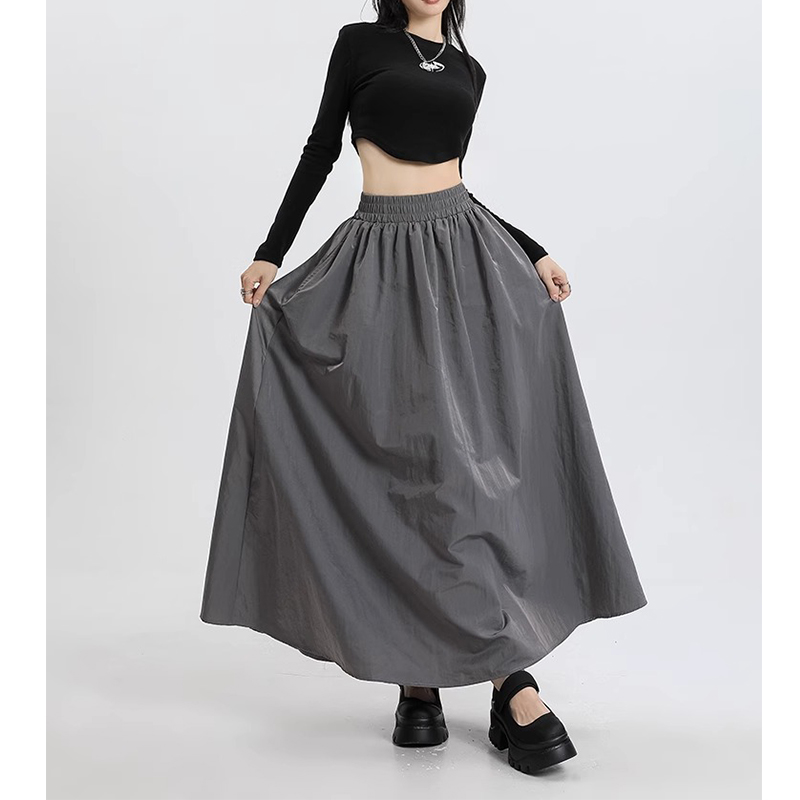 梨形身材穿搭大码灰色高腰半身裙女胖妹妹高腰mm显瘦宽松百褶长裙