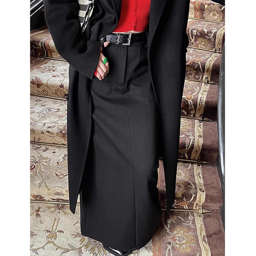 大码黑色直筒休闲西装长裙