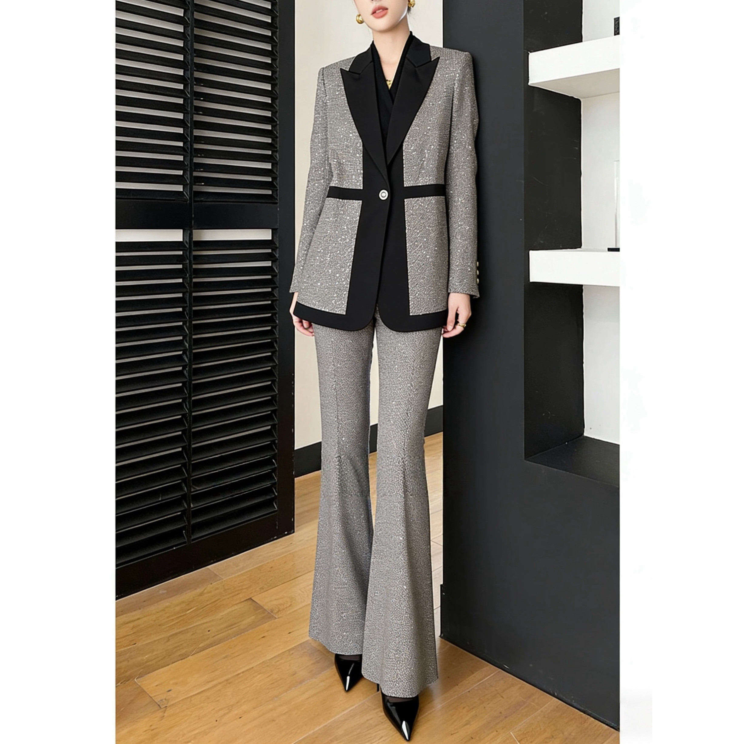 2025新款高级感西装气质亮片小格子拼色西装长裤套装两件套显高瘦,女装/女士精品,时尚套装,淘宝优惠券,粉丝福利购,淘宝优惠卷