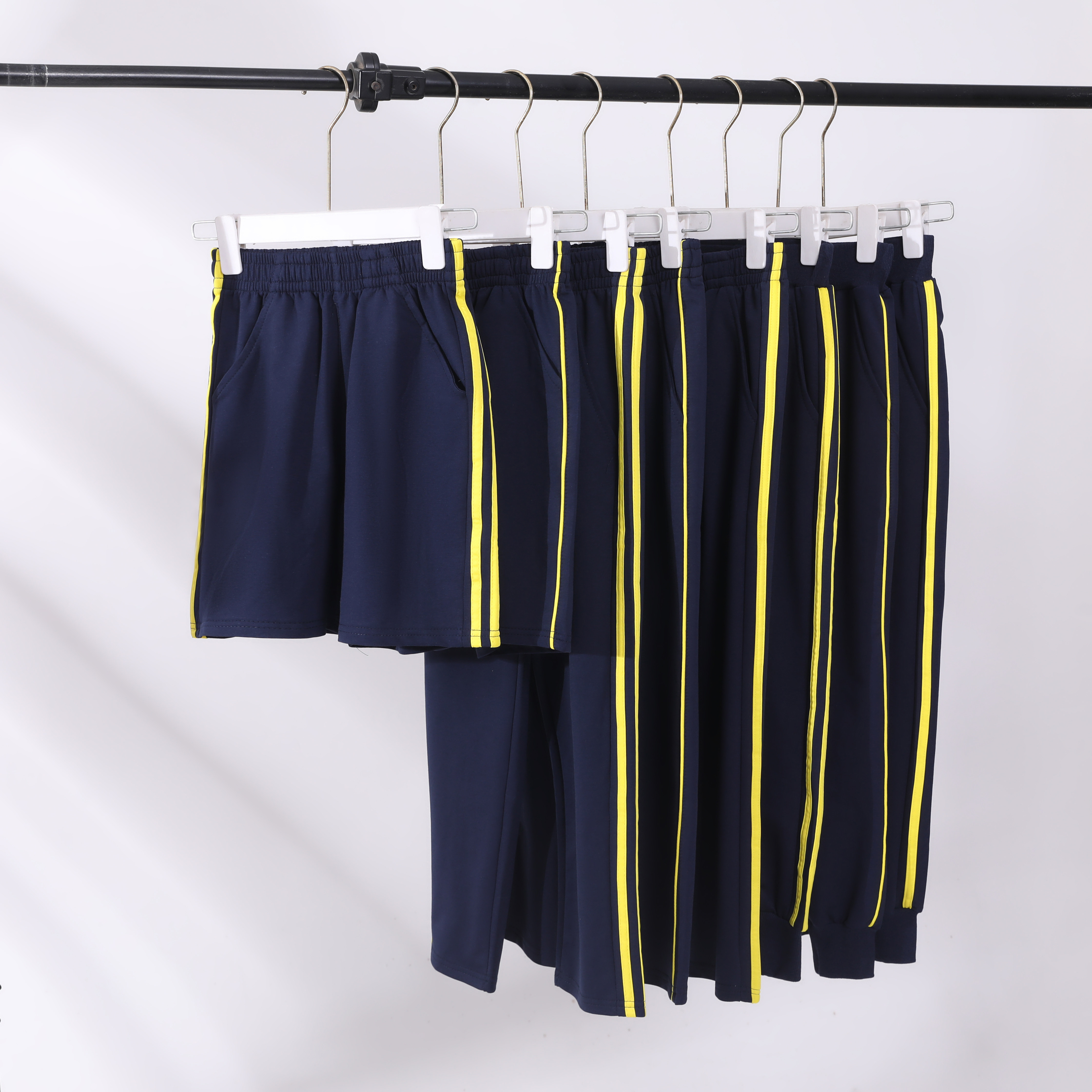 藏蓝色二道杠校服裤中小学生直筒束脚加绒裤休闲裤黄色杠运动短裤