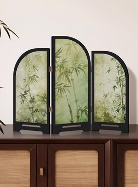 中古风墨竹花鸟小屏风客厅桌面摆件装饰品复古艺术玄关电视柜摆画