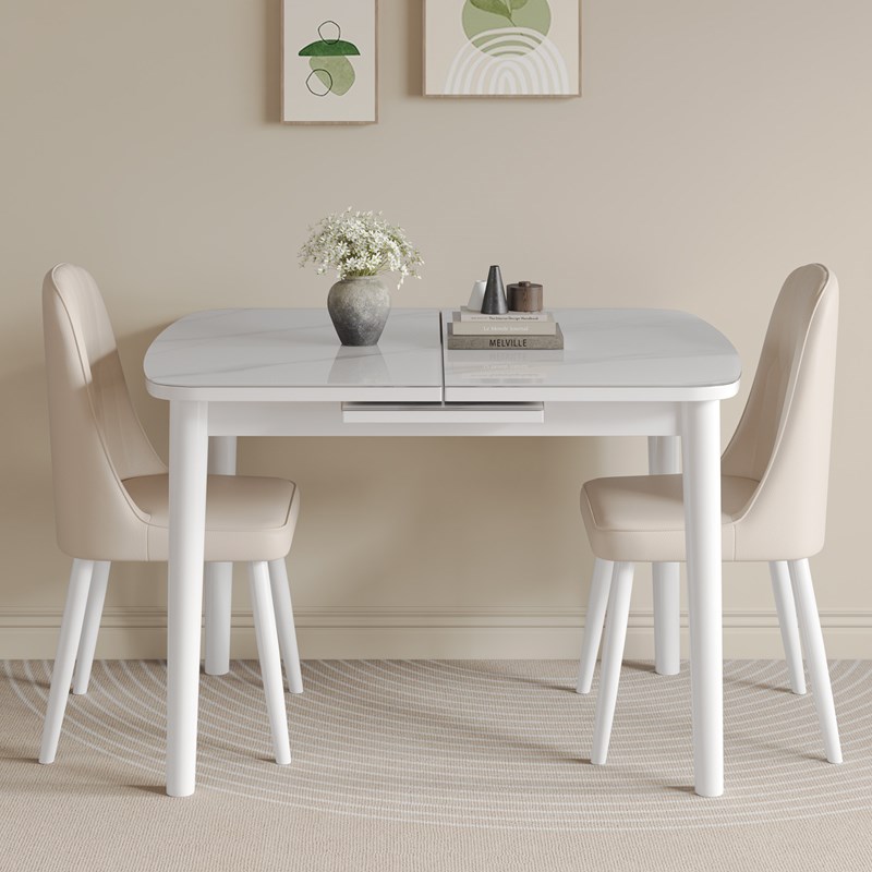 奶油风白色玻璃桌面简约伸缩小户型防爆玻璃餐桌椅组合折叠伸缩桌