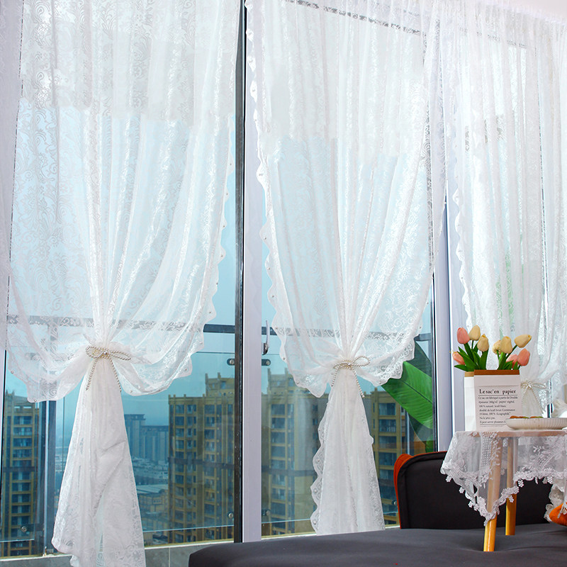 法式珍珠纱帘飘窗帘免打孔小窗户窗纱蕾丝窗帘纱帘卧室门帘隔断帘