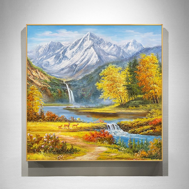 金山聚宝盆餐厅装饰画手绘风景油画玄关轻奢方形挂画三只小鹿壁画图片