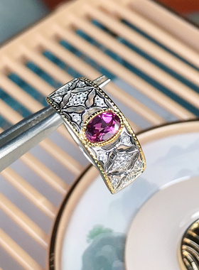 镁铝石榴石925纯银双色戒指低调奢华布契拉提风复古精致戒指活口