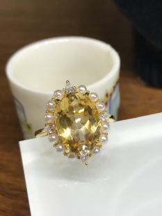 925银镀黄金色黄水晶戒指天然黄水晶金黄色珍珠款戒指