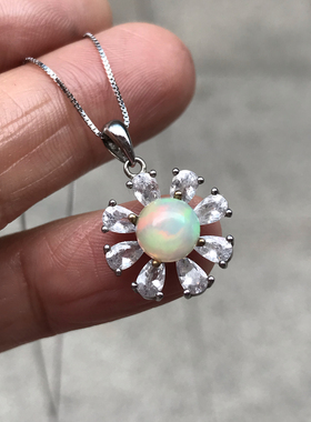 925银镀白金天然炫彩欧泊吊坠女小众设计感高级轻奢精致太阳花