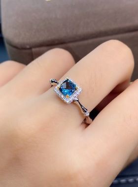 新款伦敦蓝托帕石戒指精品伦敦蓝蓝托帕石戒指格子面切工宝石戒指