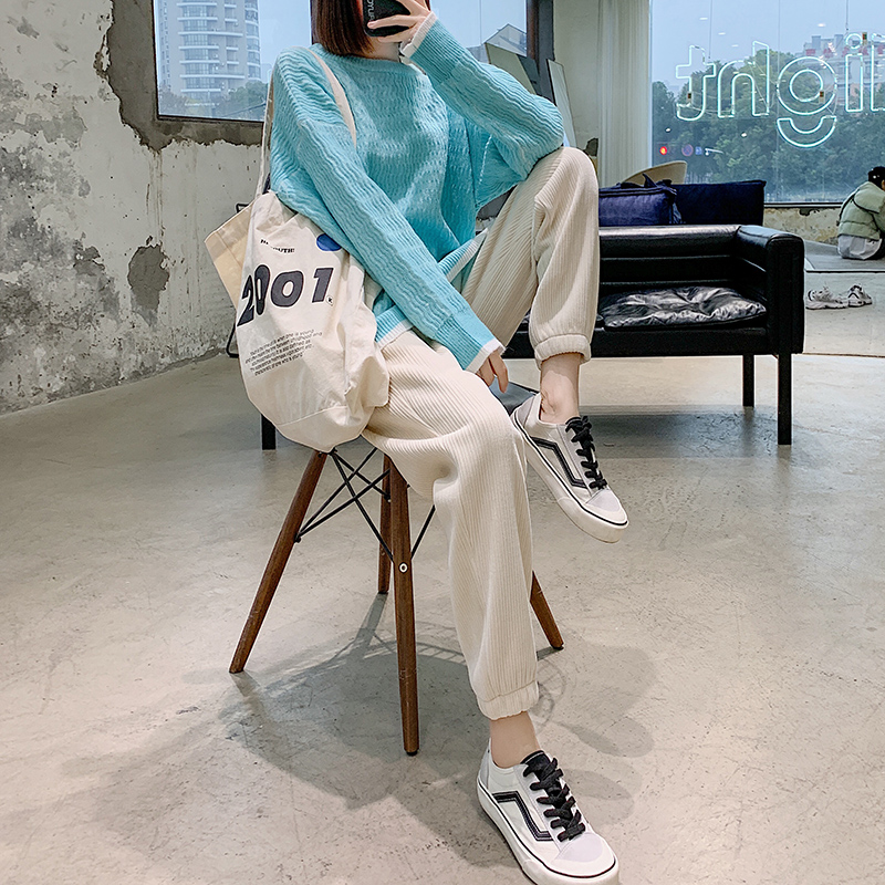 雪尼尔运动裤女裤宽松束脚秋冬季2021新款显瘦加绒休闲灯芯绒裤子