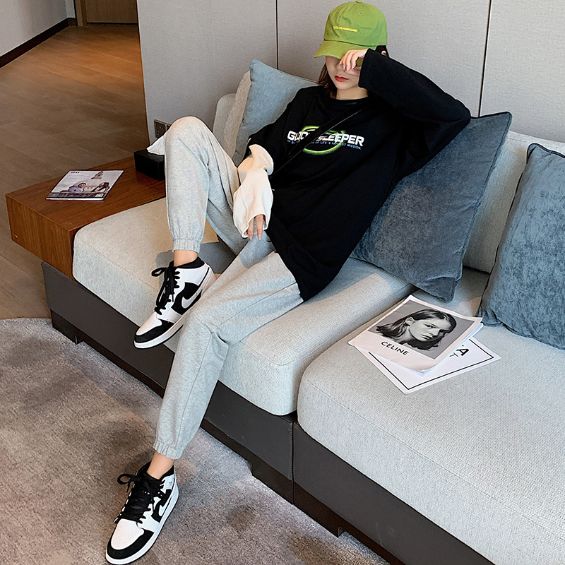 运动裤女宽松束脚春秋季2020新款学生百搭显瘦小个子灰色休闲卫裤