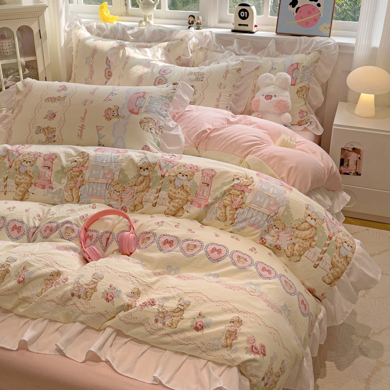 洛丽塔床上四件套纯棉全棉花边被套被罩床笠大学生宿舍床单三件套