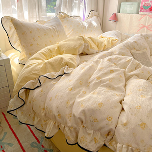 公主风花边床上四件套纯棉全棉2025新款双层纱床单被套宿舍三件套