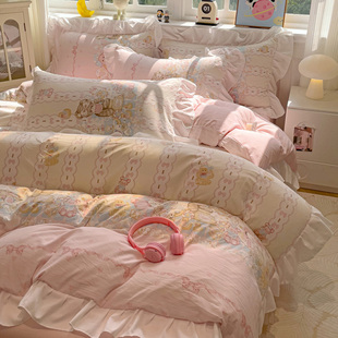 洛丽塔床上四件套纯棉全棉公主风花边床单被套被罩学生宿舍三件套