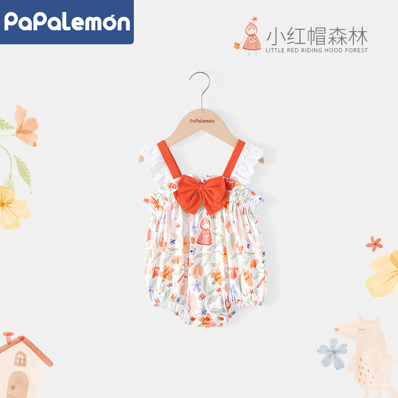 柠檬爬爬女宝宝吊带包屁衣服夏季纯棉薄款婴儿三角哈衣小红帽森林