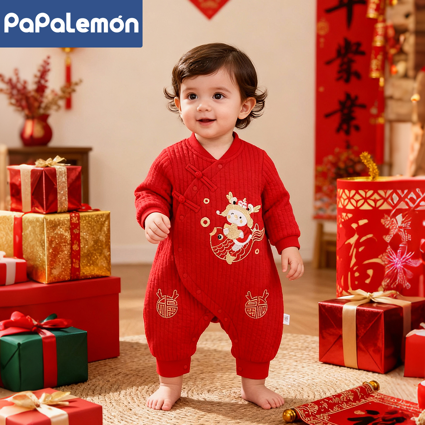 柠檬爬爬婴儿中国风夹丝偏开哈衣