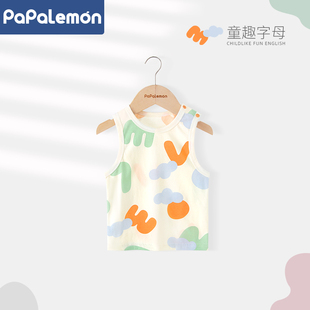 上衣外出可爱夏装 婴儿无袖 童趣字母 纯棉薄款 柠檬爬爬宝宝背心夏季