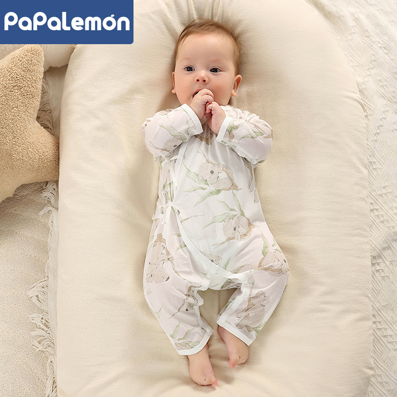 柠檬爬爬新生儿夏季纯棉绑带哈衣