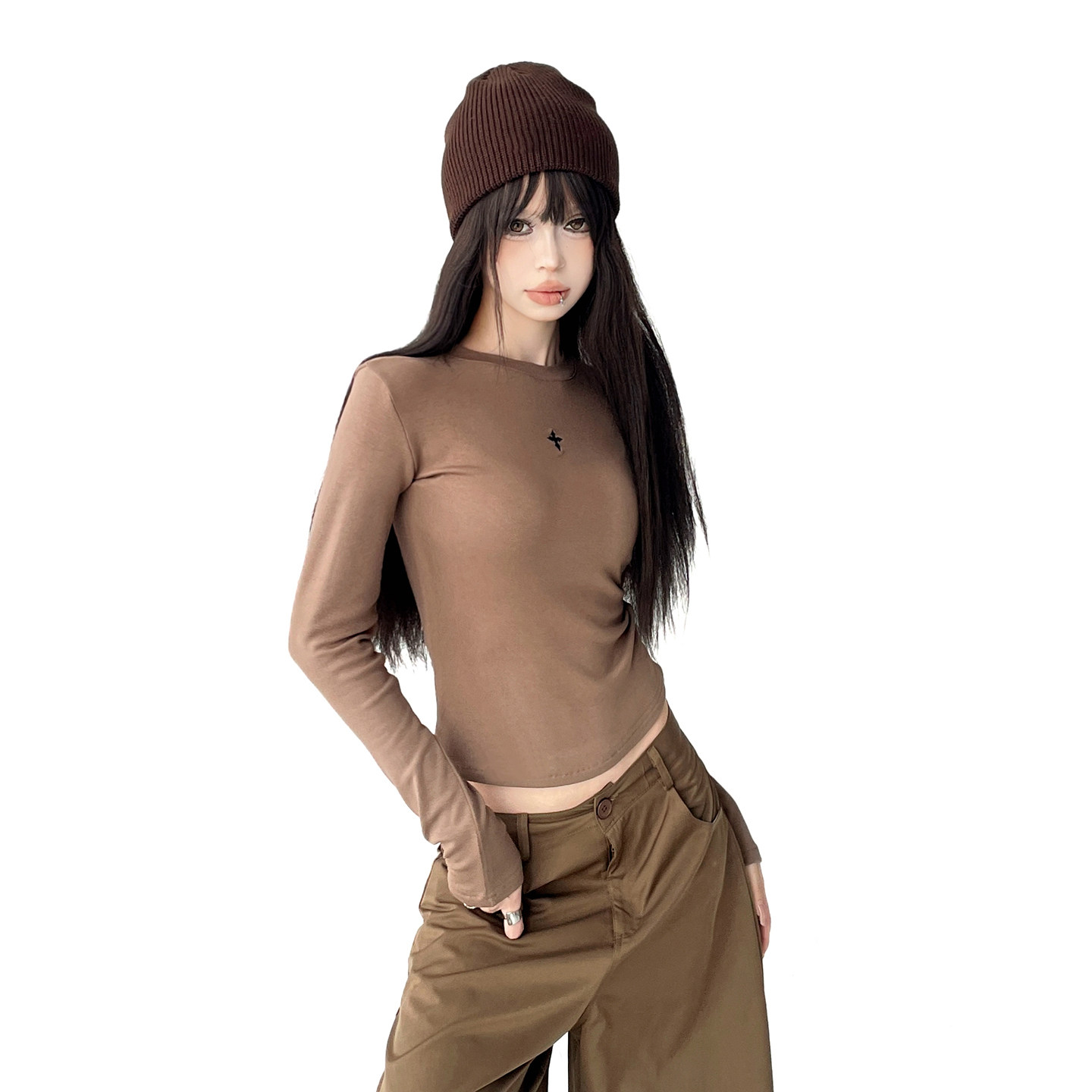 2025圆领正肩修身长袖上衣女秋冬纯色内搭辣妹显瘦打底衫