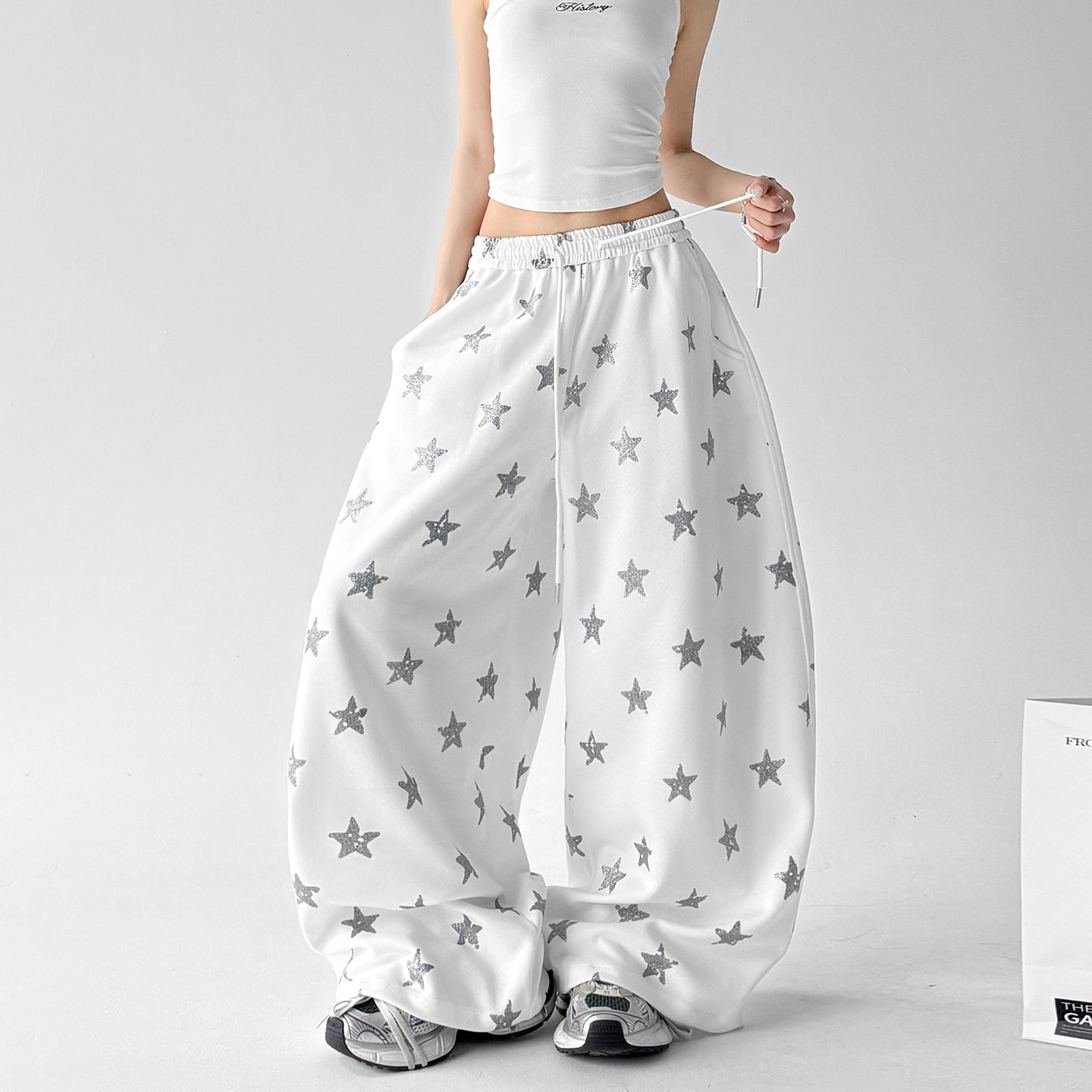 星星印花阔腿女款运动裤女2026夏装新款白色宽松休闲裤正品户外裤